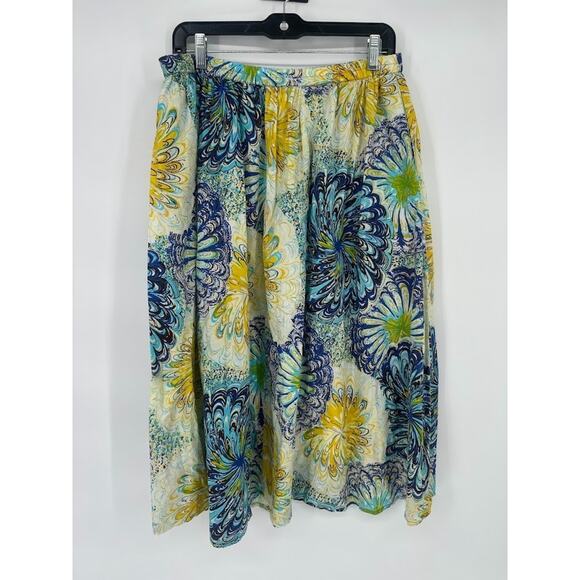 SERENGETI Cotton MIDI Skirt Blue Yellow Floral Pull On Pockets Sz S Breezy Boho - Picture 1 of 7